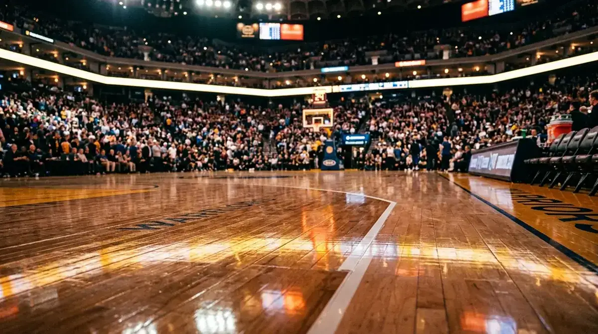 NBA basketball court from courtside perspective with analytics overlay