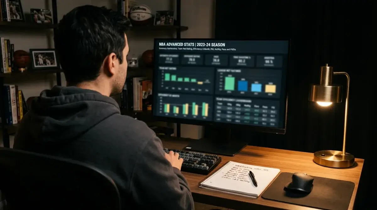 Basketball analyst reviewing NBA advanced stats including Net Rating and pace data on a monitor