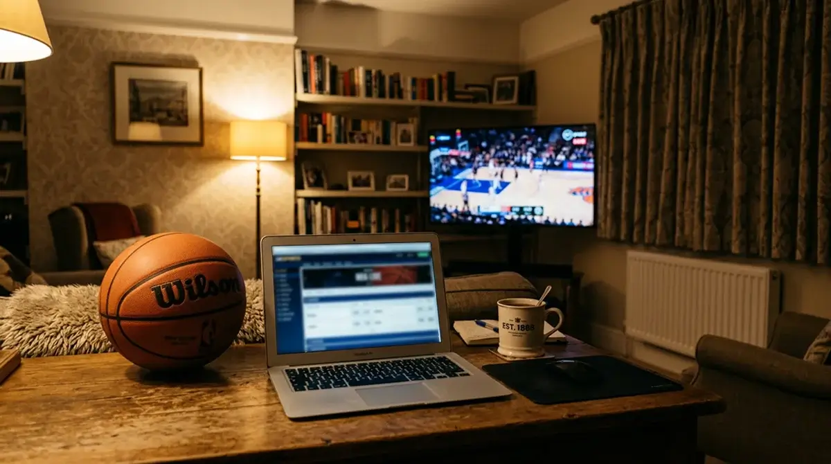 NBA betting tips displayed on a laptop screen next to a basketball on a desk in a UK living room