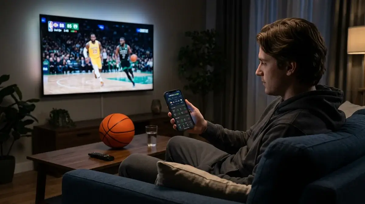Person holding a smartphone showing live NBA in-play betting odds during a basketball game on television